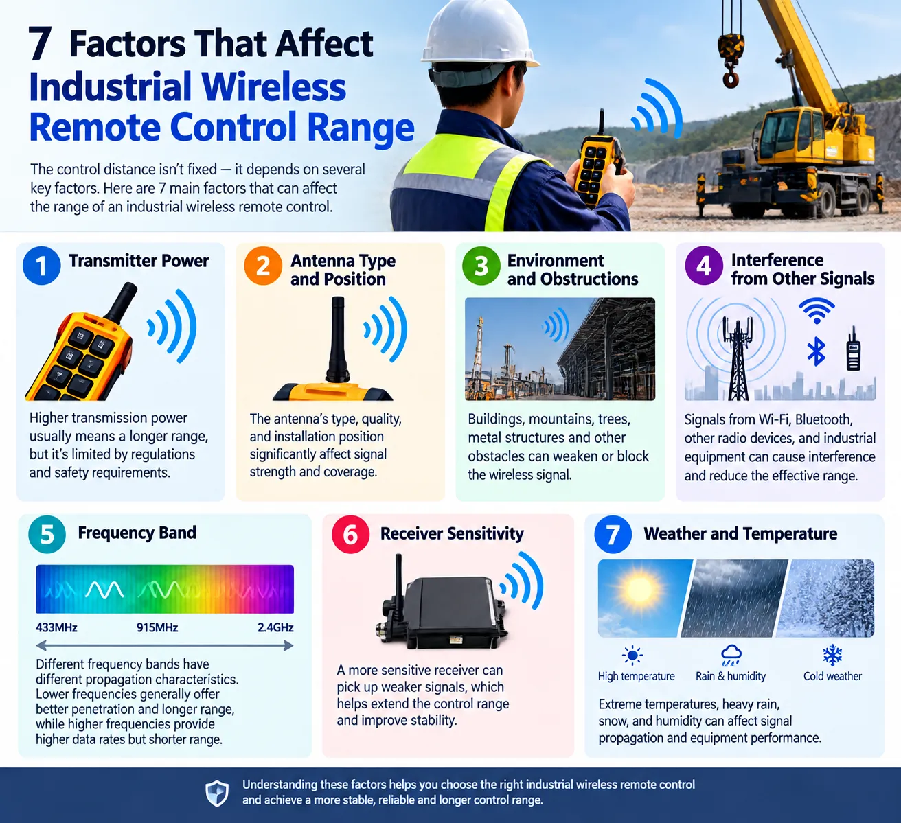 7 factors affecting industrial wireless remote control range, including transmitter power, antenna, environment, interference, frequency, receiver sensitivity, and weather