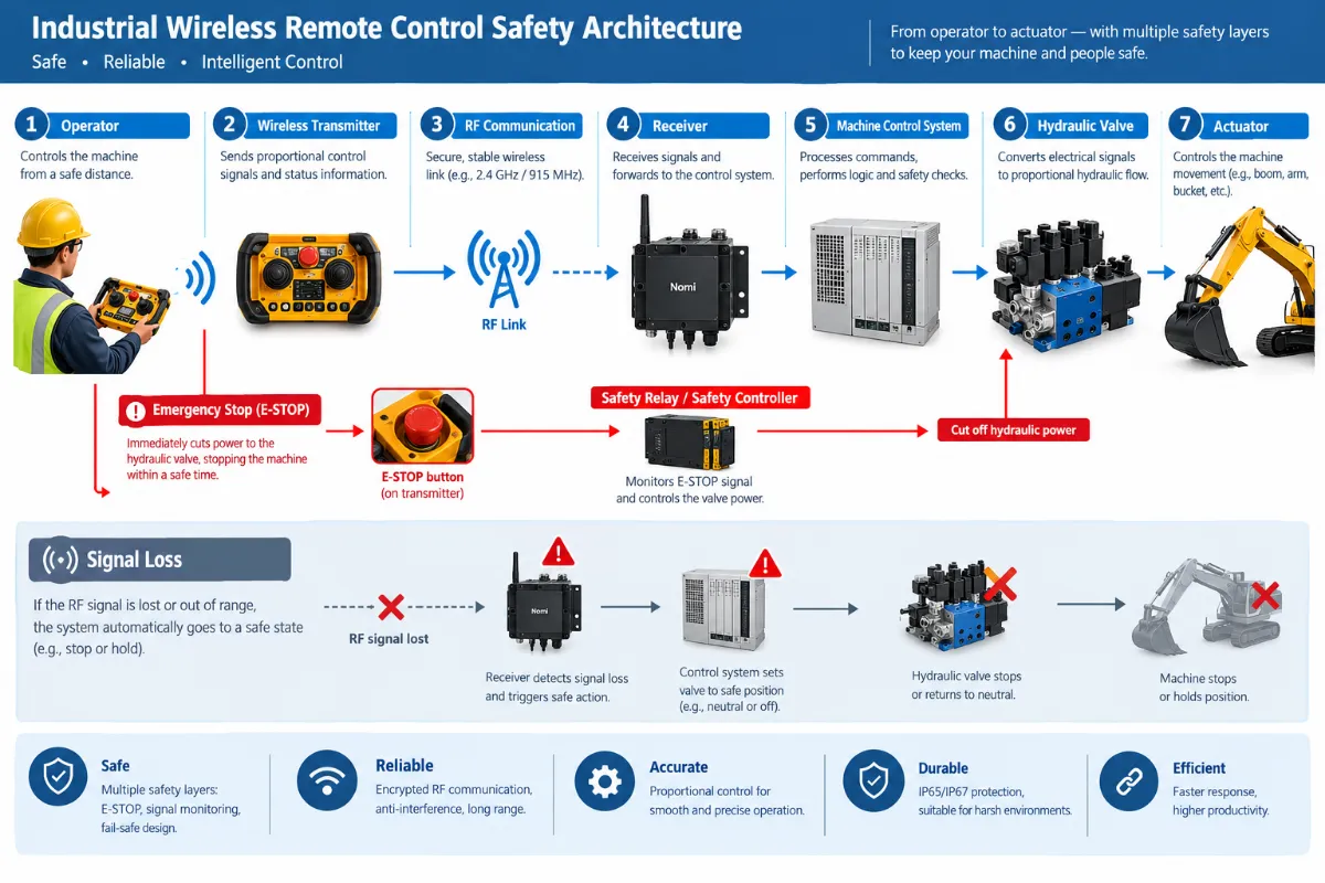 Industrial wireless remote control safety architecture with transmitter receiver and hydraulic machine