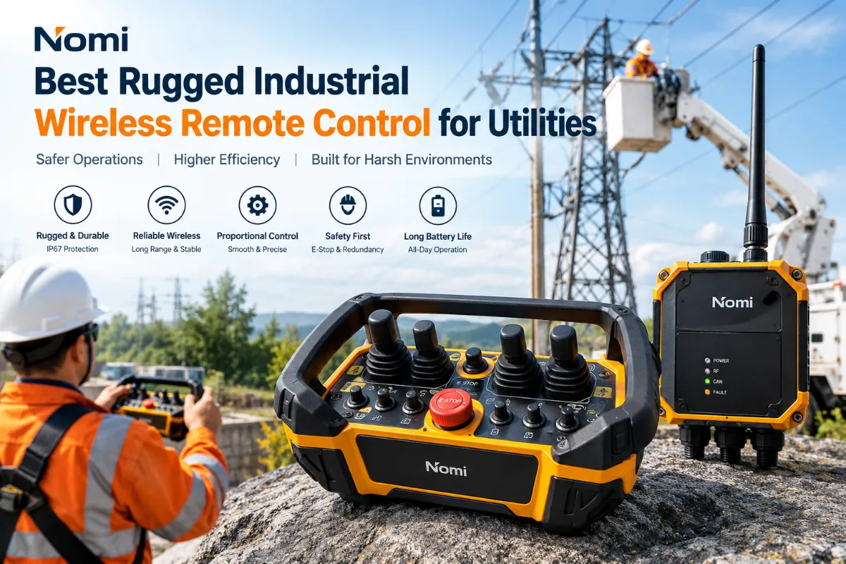 Nomi rugged industrial wireless remote control for utility equipment with proportional control, emergency stop, IP67 protection, and reliable wireless operation