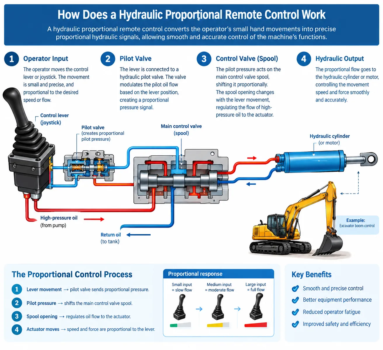 Hydraulic proportional remote control system with joystick, pilot valve and hydraulic actuator