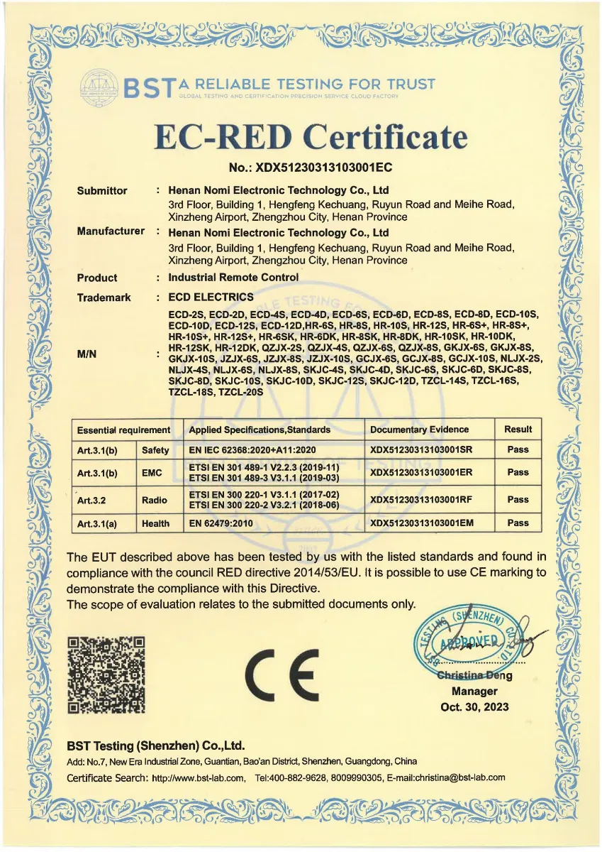 CE certificate for Nomi industrial hydraulic wireless remote control