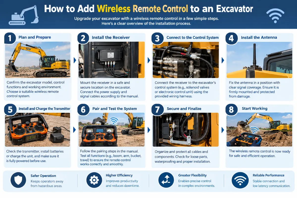 Infographic illustrating how to install a wireless remote control on an excavator, including receiver mounting, wiring connections, antenna installation, transmitter setup, system pairing, and functional testing.