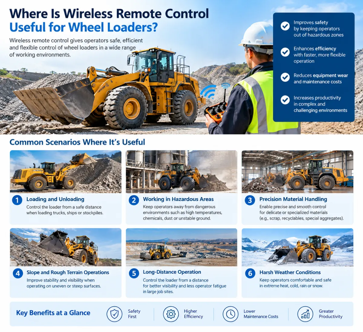 Wireless remote control applications for wheel loaders in loading and unloading, hazardous areas, material handling, rough terrain, large job sites, and harsh weather conditions.