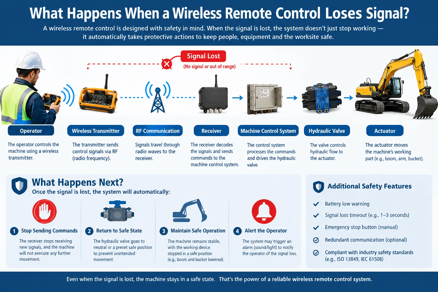 What happens when a wireless remote control loses signal: industrial hydraulic remote control signal loss protection, receiver response, safe-state operation, and excavator safety features.