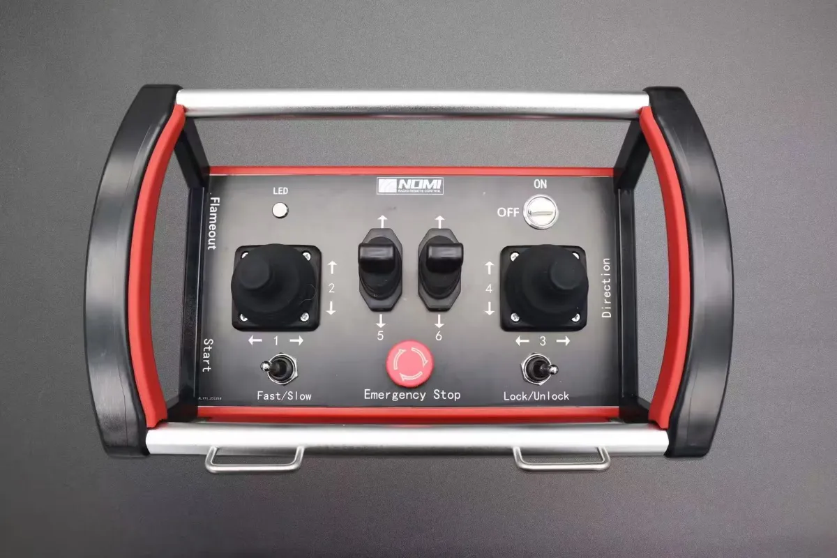 Industrial wireless remote control transmitter with emergency stop button and receiver
