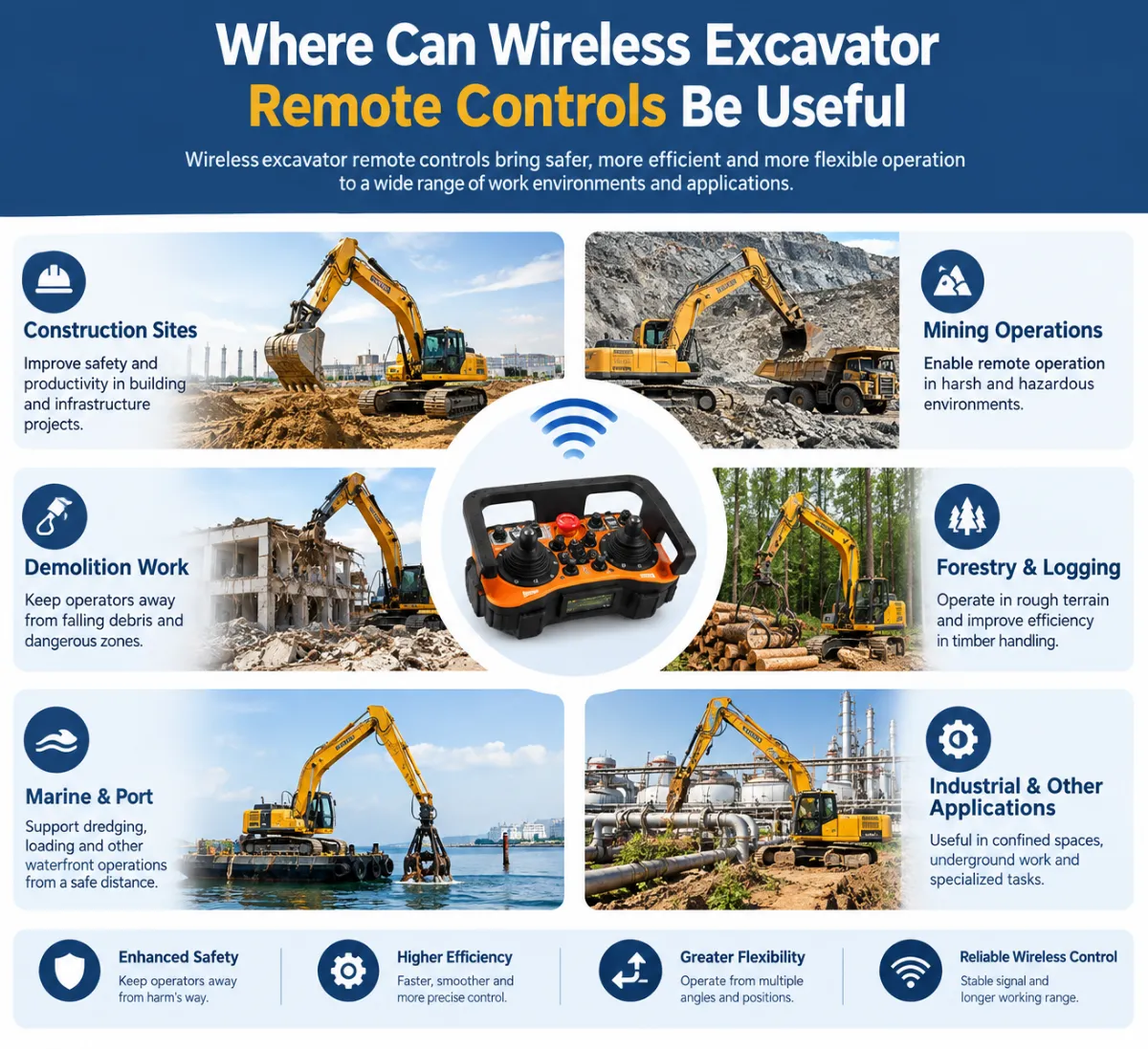 Infographic showing wireless excavator remote control applications in construction, mining, demolition, forestry, marine and port operations, and industrial work.