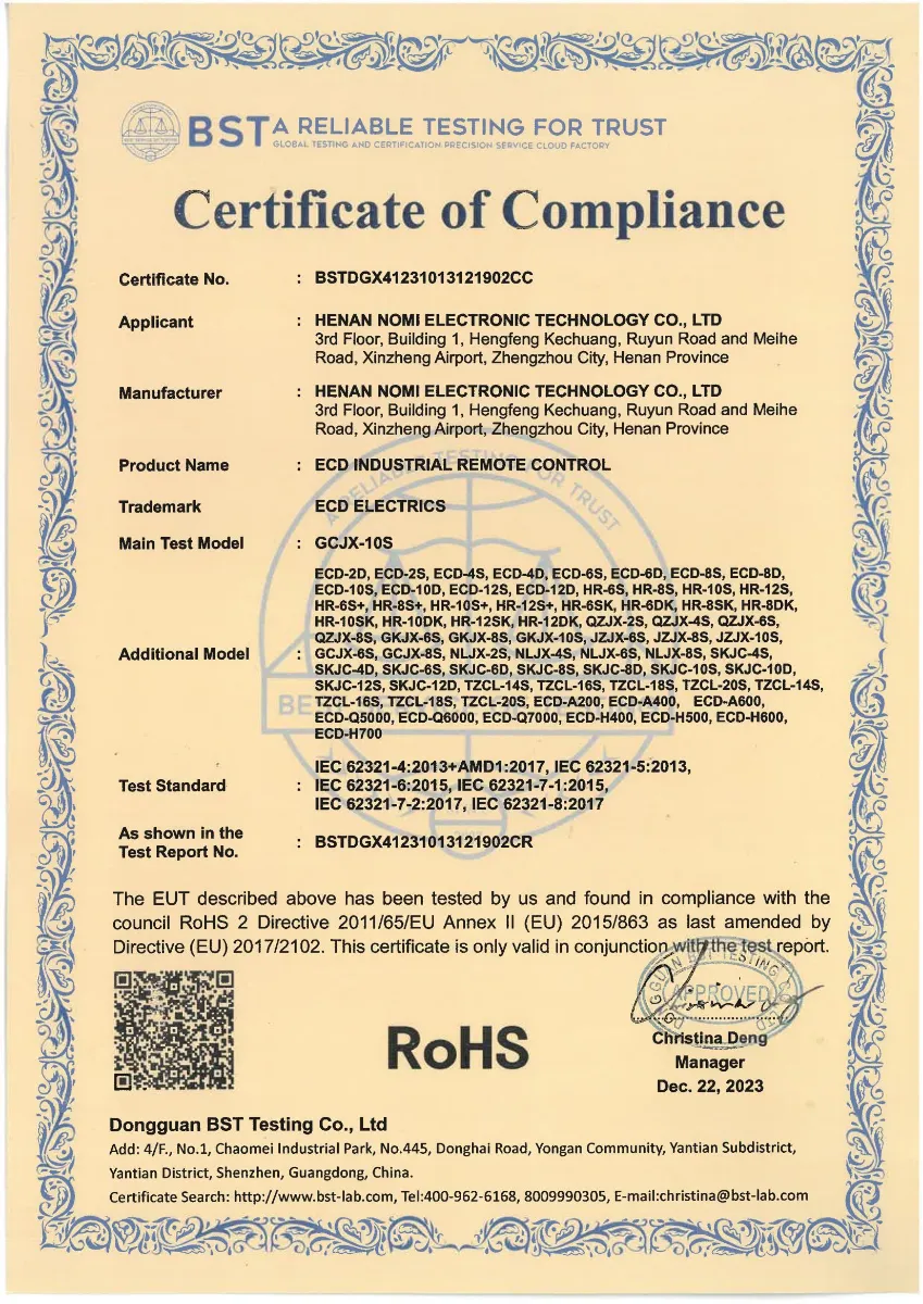 RoHS certificate for Nomi hydraulic proportional wireless remote control system designed for bulldozers.